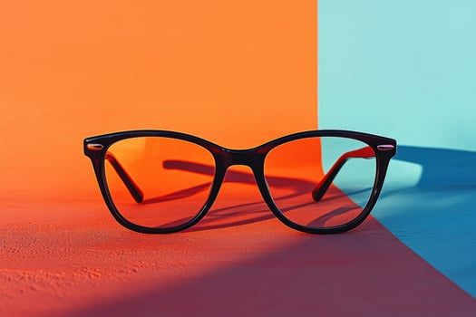 Stylish Black Eyeglasses on Vibrant Orange and Blue Background with Modern Minimalist Design photo