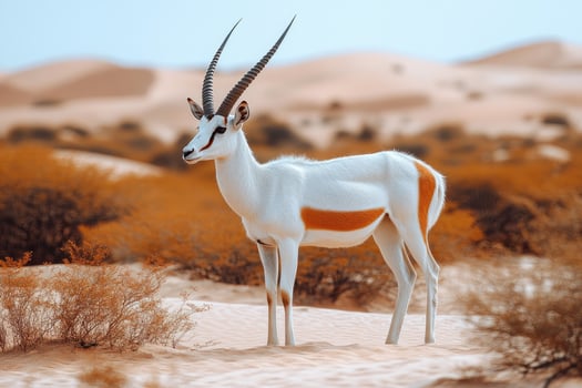 A majestic antelope with long horns stands gracefully atop sand dunes photo