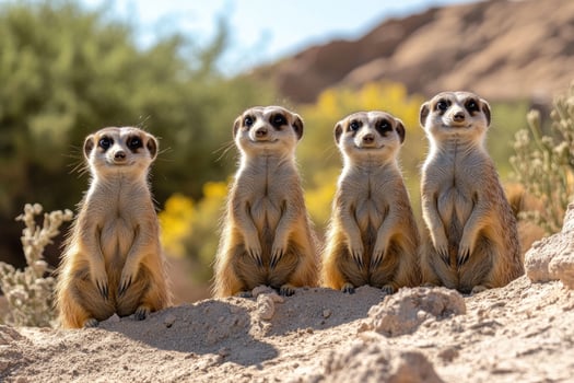Group of meerkats standing upright in a sandy habitat photo