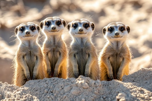 Group of meerkats standing upright in a sandy habitat photo