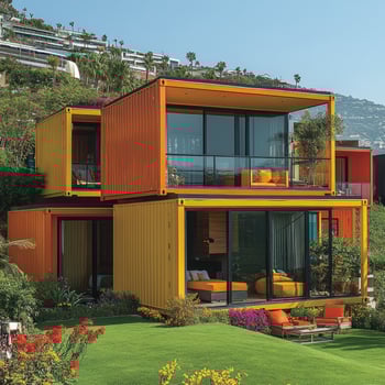 Modern container house with large windows overlooking tropical garden photo