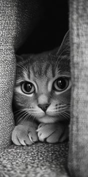 Curious cat hiding underneath furniture looking up with big eyes photo
