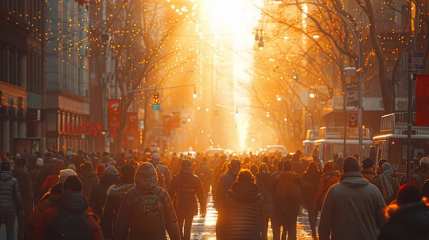 A crowd of people walking along a busy street during rush hour photo