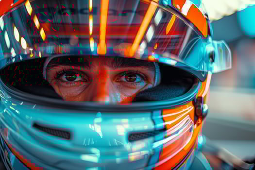 rider wearing a helmet before the start of the competition on the track. A ring car race. photo