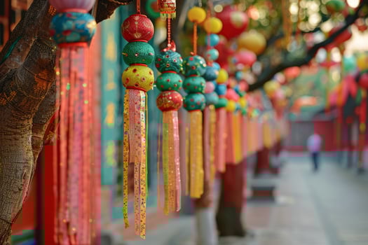 Tanabata Star Festival. Hanging colorful ribbons and paper decorations. The image of the Star Festival. The design of the festival. photo