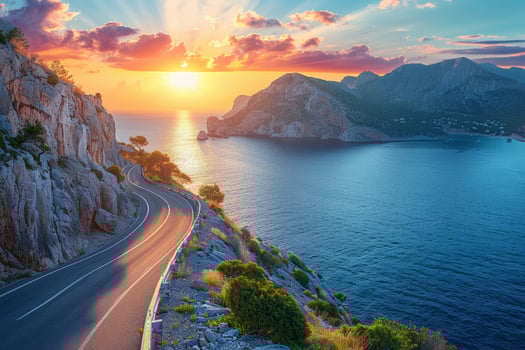 A car ride along the coast road. A winding asphalt highway near the mountains. The concept of travel and holiday trips. photo