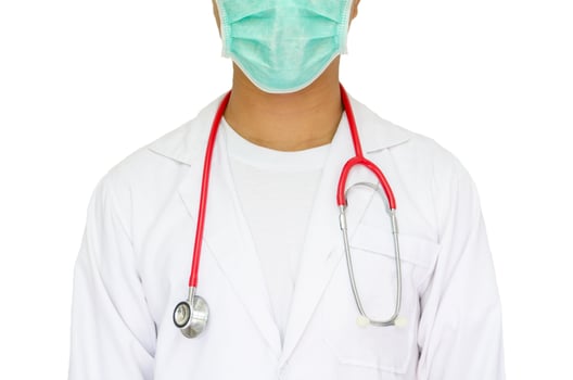 doctor in white coat and red stethoscope hang on his neck photo