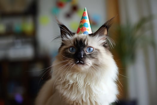 A playful celebration unfolds as a fluffy cat dons a colorful party hat among the joyful chaos of a birthday party. photo