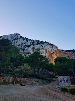 Rock mountain, majestically rising with its rugged terrain. At base, lush pine trees and fig trees photo