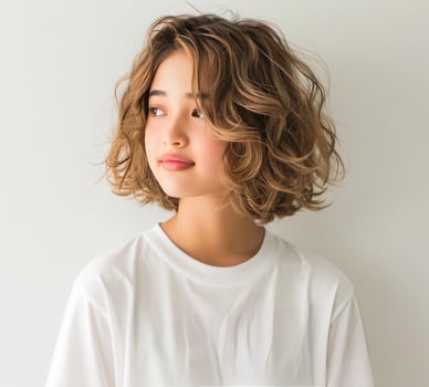 Young Woman With Wavy Hair Wearing White T-Shirt Poses Against a Plain Background photo