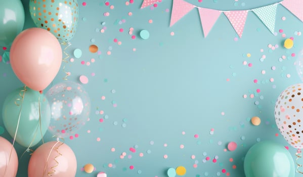Colorful Party Decorations With Balloons and Confetti on Blue Background photo