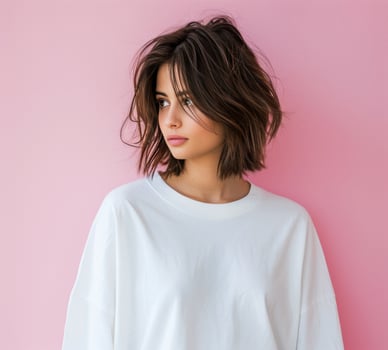 Woman With Wavy Hair Facing Pink Wall in Bright Minimalist Setting photo