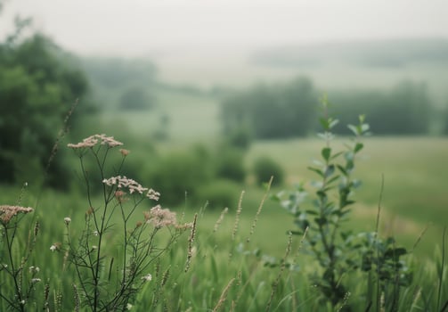 Delicate Wildflowers Growing In Lush Green Meadow At Dawn photo