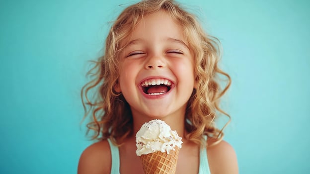 A little girl is smiling while holding an ice cream cone photo
