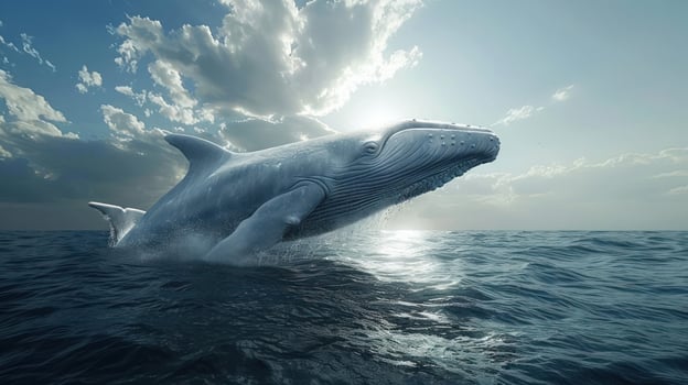 A majestic blue whale leaping out of the ocean as the sun rises, photo