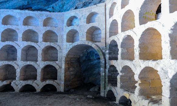 KARA-DAG, UKRAINE - APRIL 29, 2013 Golitsyn Grotto - wine racks carved in Koba-Kaya Mountain, Novyi Svet, Crimea photo
