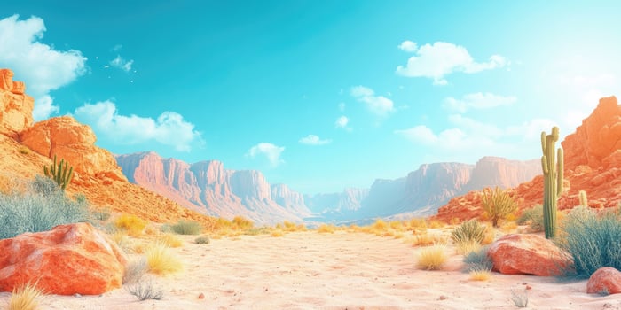 Arid Desert Landscape with Red Rock Formations and Cactus Plants photo