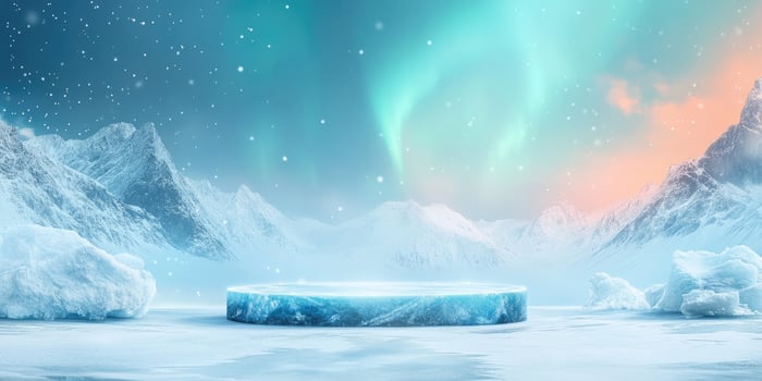 Ice Platform in a Snowy Mountain Landscape with Aurora Borealis photo