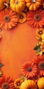 Autumn flowers and pumpkins arranged with vibrant colors and space photo