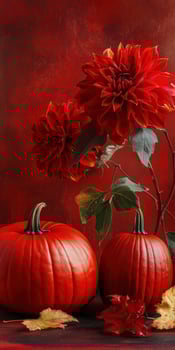 Autumn flowers and pumpkins in vibrant autumn colors with copy space photo