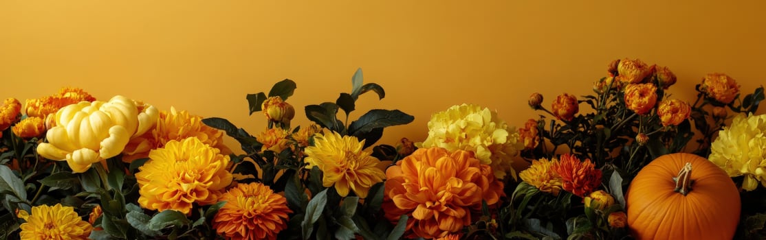Autumn flowers and pumpkins in warm colors with copy space photo