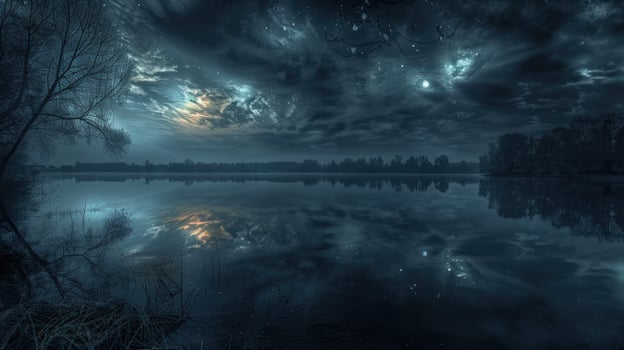 Night clouds reflecting on a tranquil lake at dusk photo