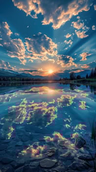 Night clouds reflecting over a tranquil lake at sunset photo