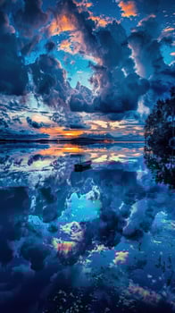Night clouds reflecting on tranquil lake waters at sunset photo