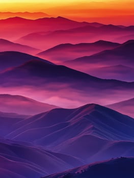 Foggy mountains at dusk with vibrant colors in the evening sky photo