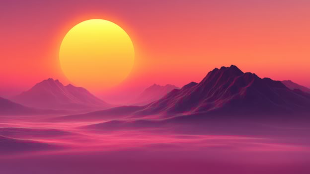 Evening fog envelops mountains under a vibrant sunset photo