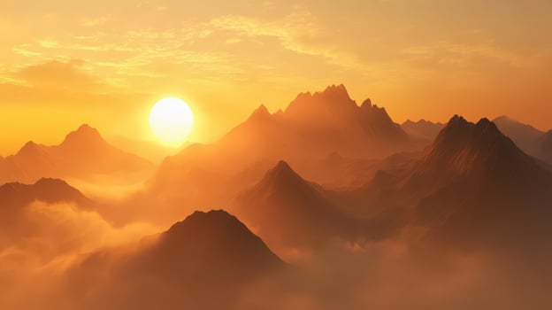 Evening fog envelops majestic mountains at sunset photo