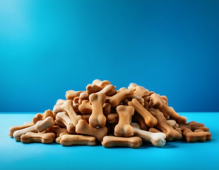 Mountain of dog treats spread in the background, blue background photo