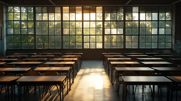 An empty classroom with rows of desks and chairs photo