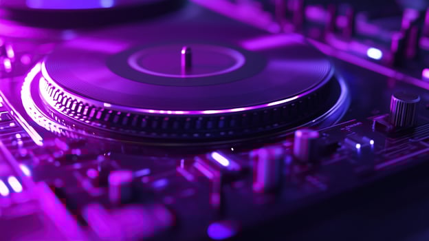 Closeup hard drive disc CD ROM. Purple neon record player. photo