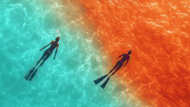 Aerial View of Two Snorkelers in Vibrant Blue and Orange Waters, Capturing the Beauty of Marine Adventure photo