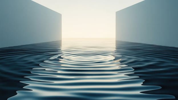 Serene Minimalist Water Reflection Between Two Modern Structures at Sunset photo