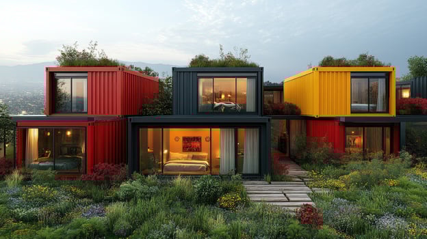 Modern container house with large windows overlooking tropical garden photo