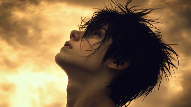 High school boy gazing at the cloudy sky during sunset photo