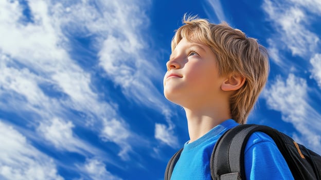 High school boy gazing up at the clouds on a clear day photo