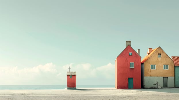 Colorful Seaside Houses with Chapel. Coastal Tranquility, Beachfront Scene, Minimalist Architecture. photo