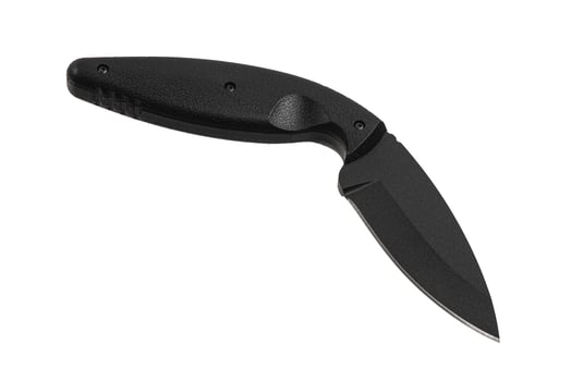 Modern tactical knife with black blade and rubber curved handle. Steel arms. Isolate on a white back. photo