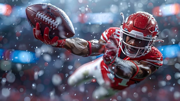 American football player in mid-air catching the ball during a snowy game, action-packed with intense focus photo