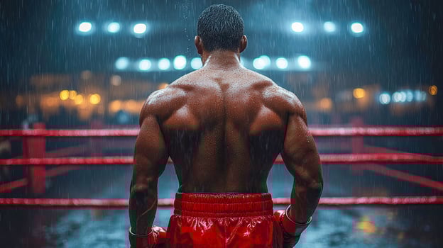 Boxer facing the ring in a dramatic scene, muscular back glistening under the arena lights, preparing for the match in heavy rain photo