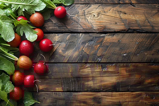 Fresh and Organic Radishes and Tomatoes on Rustic Wooden Table Background for Culinary and Farm-to-Table Concepts photo