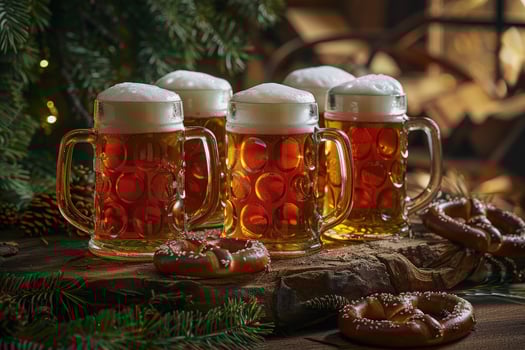 A lively festival atmosphere features frothy beer mugs and freshly baked pretzels, inviting celebration and camaraderie among friends. photo