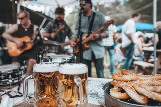 Lively festival with people enjoying traditional Bavarian treats, sipping beer, and reveling in vibrant live music under a sunny sky. photo