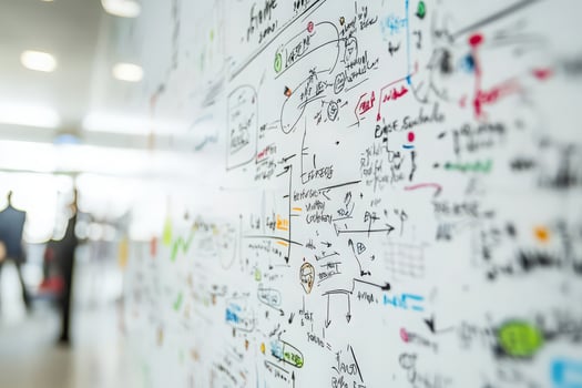 A group is engaged in a vibrant brainstorming session, surrounded by a wall covered in colorful notes and diagrams illustrating ideas and concepts. photo