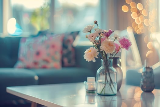 Bouquet of pink and white flowers bringing freshness in a cozy living room photo