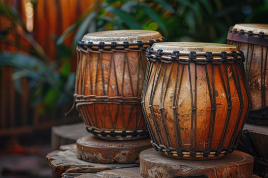 Three antique wooden drums displayed on rustic stands photo