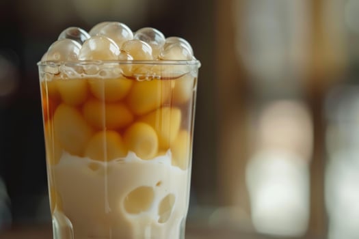 Glass of refreshing milk tea with boba and tapioca pearls being served in a cafe photo